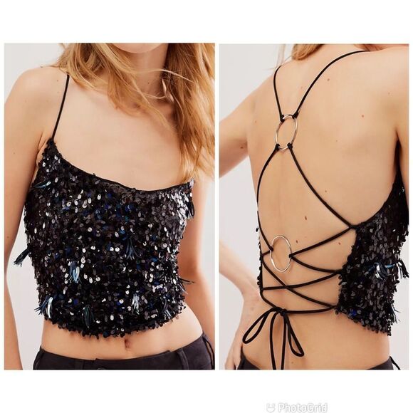 FREE PEOPLE Fun At Parties Black Sequin Strappy Crop Top Open Back Large New - Picture 1 of 12